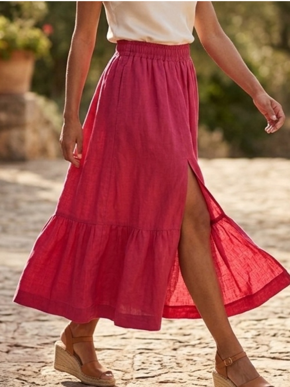 Abercrombie & Fitch Linen Blend Hot Pink Tiered Maxi Skirt sz Large
